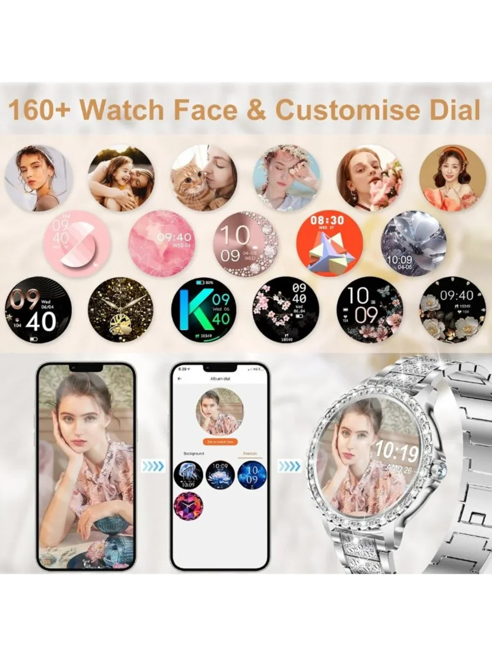 Stylish Diamond Smart Watch for Women, Full Screen Fitness Tracker, Heart Rate